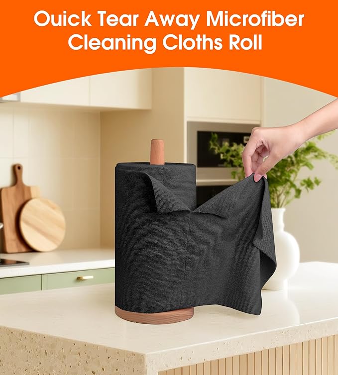 CHAUNCEY HOME Microfiber Cleaning Cloth Roll - 100 Pack Tear Away Microfiber Paper Towels, Reusable, Washable, Scratch-Free, Kitchen Towels for Car, Home, Kitchen, Glass, Dishes (Black)