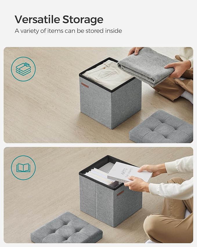 SONGMICS Storage Ottoman, Foldable Small Ottoman Foot Rest, 11.8 Inches Foot Stool, Cube Ottoman with Storage, Load up to 286 lb, for Living Room, Bedroom, Dorm, Light Gray ULSF028G02