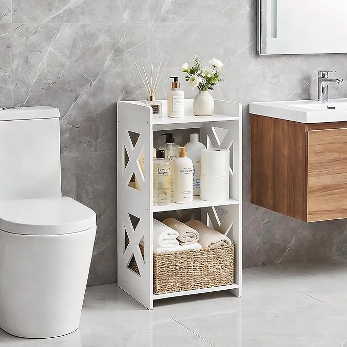 Small Bathroom Storage Corner Shelf, Waterproof PVC Narrow Floor Stand, Slim Gap Filler Organizer for Toilet Side, Laundry Room, Shower, Kitchen Spice Rack, White Restroom Holder (3-Tier)