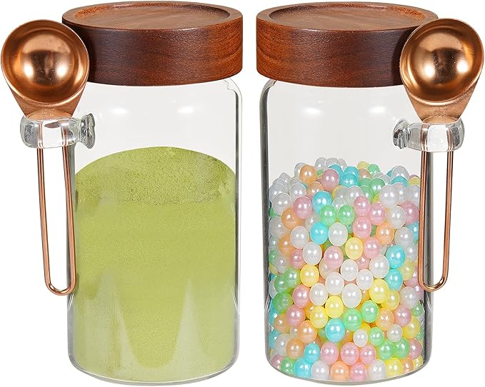 Patoper Glass Coffee Jars Spice Jar Round Storage Canister with Wooden Lid Clear Glass Food Jar for Pantry Sugar Tea Coffee Bean Spice Nuts Cookies Bath Salts (2×550ml(18oz) with spoon)
