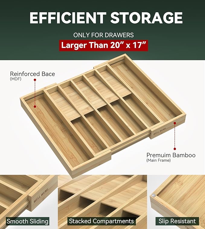 Expandable Silverware Organizer, Utensil Drawer Organizer & Cutlery Tray Dividers for Spoons Forks Knives (12 Slot,Natural Bamboo), 16.7”D x 13"-20”W x 1.97 “H