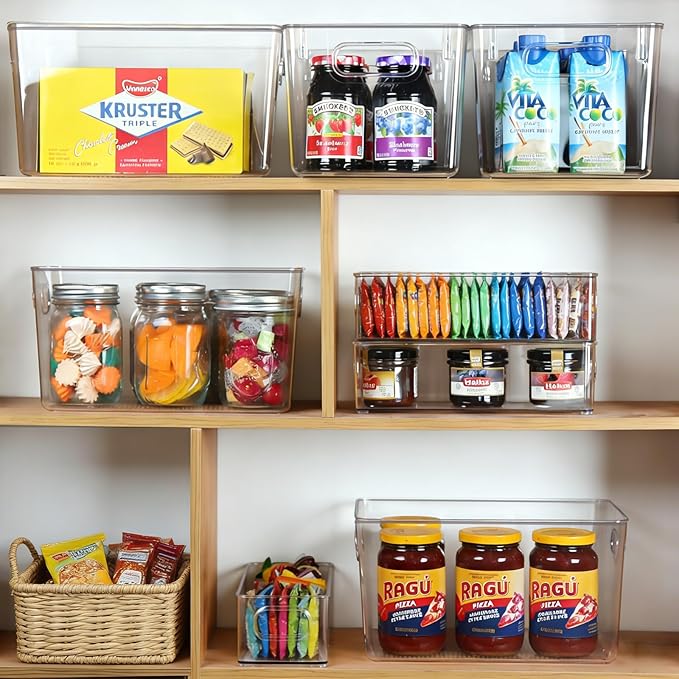 Hudgan 8 Pack Pantry Organizers and Storage, 4 Large Plastic Storage Bins and 4 Small Stackable Clear Containers for Home, Kitchen Cabinet, Freezer, Bathroom Shelf, Office