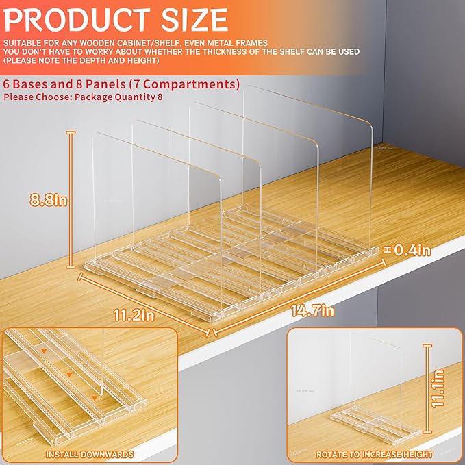 Yieach Clear Acrylic Shelf Dividers for Closet Organization,8 Pack Adjustable Bags,Clutch,Purse Organizer and Storage,Handbag Organizer for Closets,Purse Divider,8.8″ Tall Sweater,Tshirt,Towel Divider