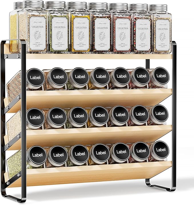 MUDEELA 4 Tier Spice Rack Organizer for Cabinet, Wooden Vertical Spice Shelf, Seasoning Organizer for Countertop, Kitchen, Pantry, Freestanding, 13.4" W × 11.2" H (No Jars Included), Black