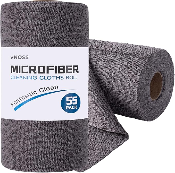 55 Pack Microfiber Cleaning Cloth Roll, Tear Away Reusable Towels, 11" X 9", Ultra Absorbent & Lint Free Cloth for Cars, Kitchen, Window, Home and Shop, Grey