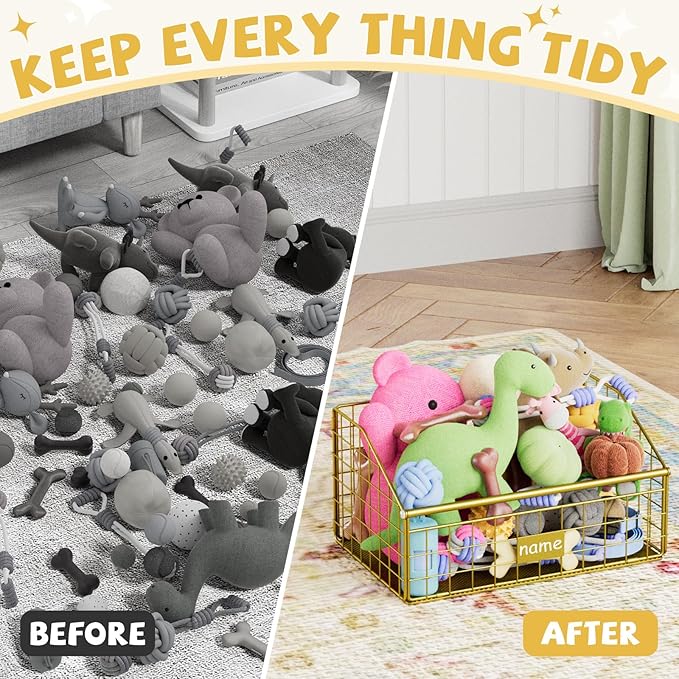 Indestructible Dog Toy basket, Small Toy Box for Dogs, Pet Toy Bin Dog Metal Basket for Toys, Toy Storage Organizer, Cat Toy Box for Living Room Area(Gold)