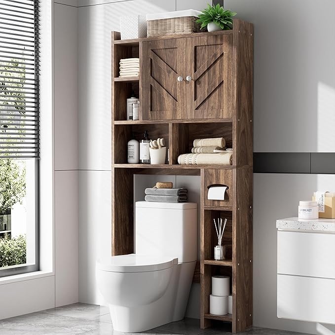 Meilocar Over The Toilet Storage Cabinet, Freestanding Storage Cabinet Over Toilet, Bathroom Storages Organizer Cabinets with Toilet Paper Holder Stand and Adjustable Shelf, Walnut