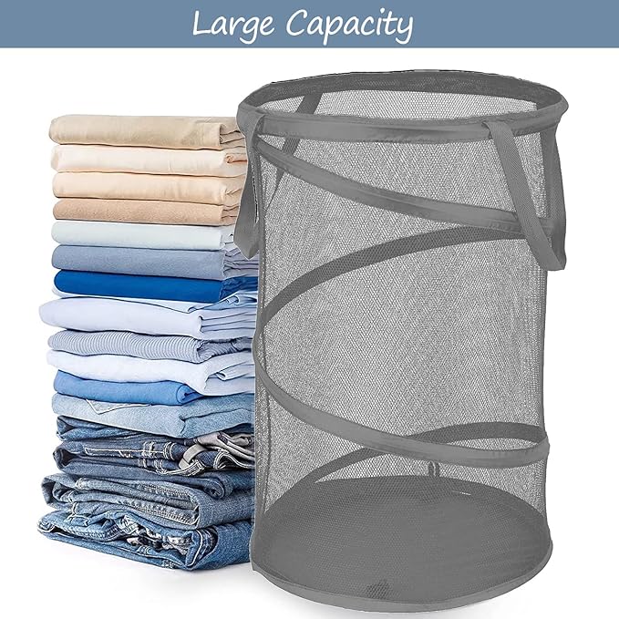 BATTOO Collapsible Laundry Baskets, Foldable Mesh Pop Up Hamper, Portable Laundry Basket Hamper with Handles for Laundry, Bathroom, Kids Room, College Dorm, Travel, Storage Organizer Grey