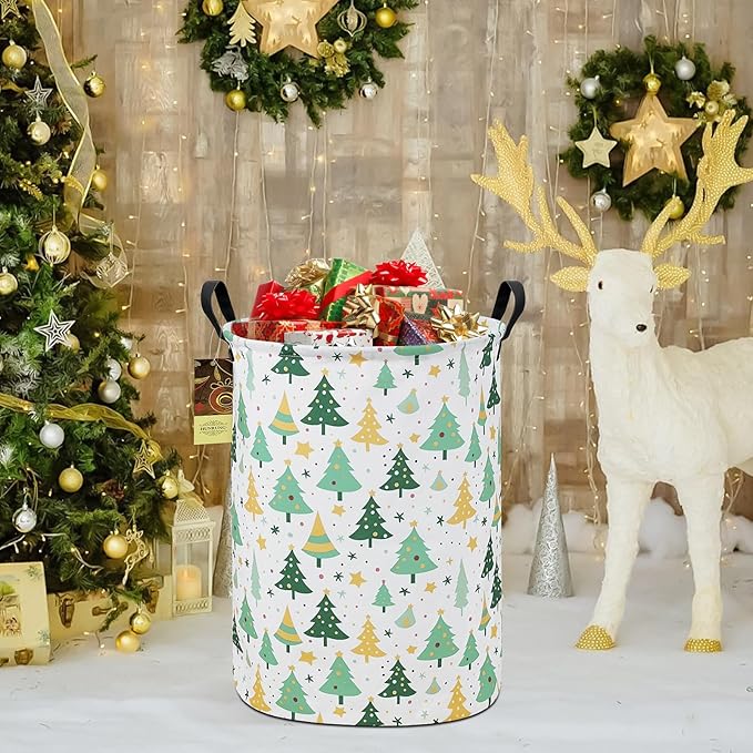 HUNRUNG Laundry Hamper,Large Canvas Fabric Lightweight Storage Basket Toy Organizer Dirty Clothes Collapsible Waterproof for College Dorms（Round-Green tree）