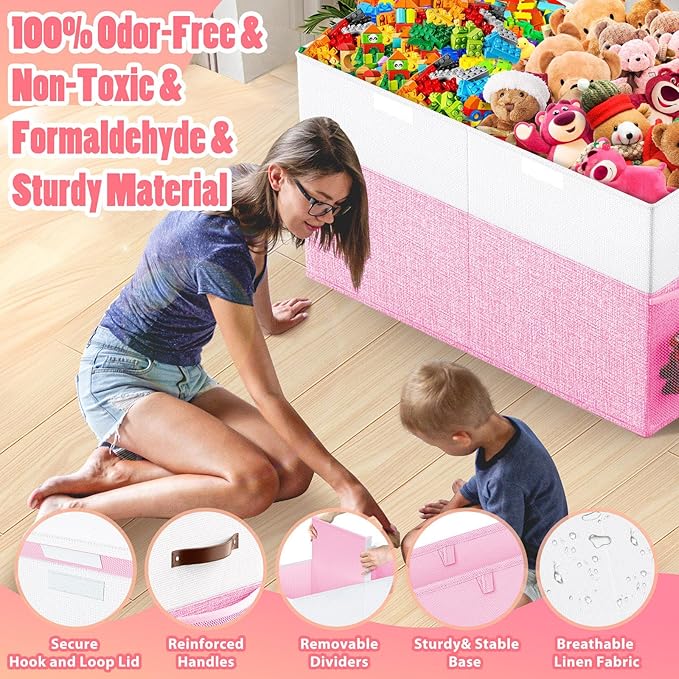 Large Toy Storage Box with Lid Divider, Sturdy Collapsible Toys Organizer Chest Kids Storage Bins Boxes Baskets for Boys, Girls, Nursery, Bedroom, Living Room, Playroom, 25"x13"x16", Pink and White