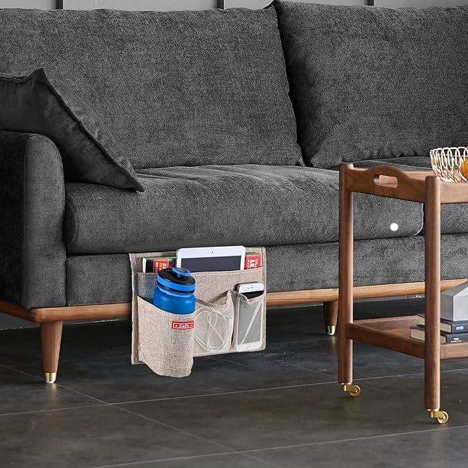 Zafit Linen 4 Pockets Bedside Caddy, Bedside Storage Organizer for Magazine, Remotes, Phone (Beige)