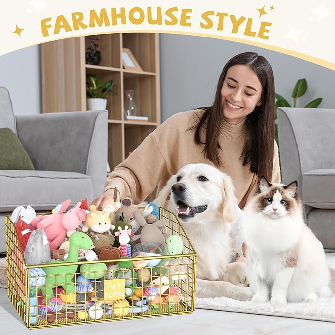 Indestructible Dog Toy basket, Large Toy Bin for Dogs,Pet Toy Bin Dog Metal Basket Organizer Storage for Toys Food Storage (Gold)