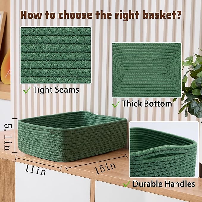 Large Shallow Organizing Baskets 15x11x5.1 Inches - Rope Woven Storage Bins for Bathroom, Shelves, Cube Closet, Green 4 Packs