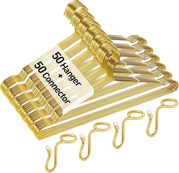 Wesiti 100 Pcs Gold Hangers Cloth Space Savers Hanger Set Include 50 Strong Metal Wire 17.7 in Clothes Hangers with 50 Hanger Connector Extender Hook Space Saving for Jacket Shirt Dress Closet Dorm