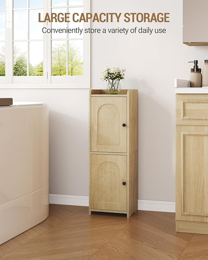 Bathroom Storage Cabinet, Small Corner Floor Cabinet with 2 Doors and Adjustable Shelf, Narrow Toilet Paper Cabinets, Bathroom Organizer for Small Spaces, 7.9" D x 9.8" W x 29.5" H Yellow
