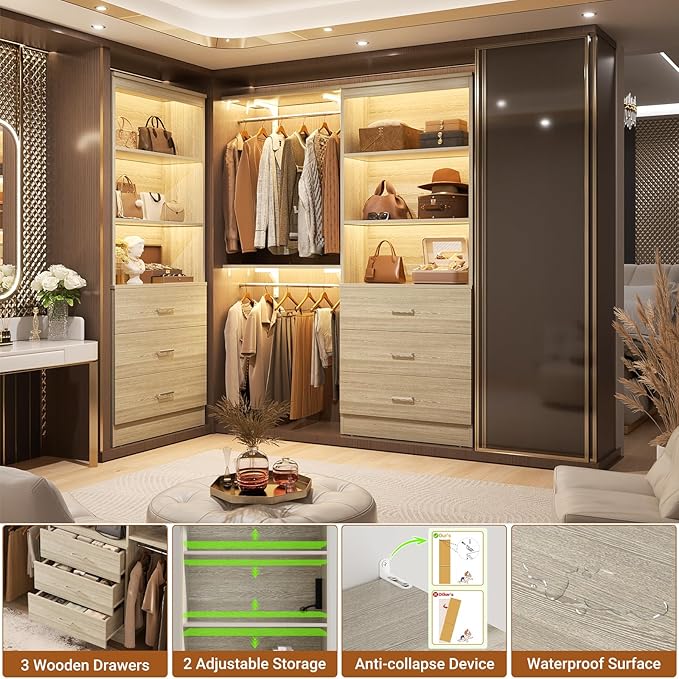 Aheaplus 23.6" Closet Drawers System, Wood Closet Organizer System with 3 Drawers, Modular Small Walk-in Closets Storage Unit, White Oak1 (23.6"L x 13.8" W x 71" H)
