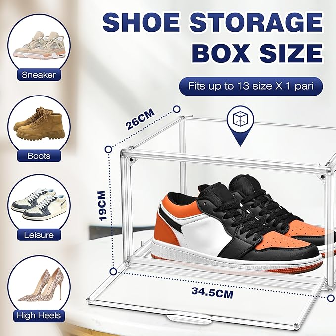 EDS FAM 12 Pack Clear Shoe Boxes for Sneakers, Size 12 Acrylic Shoe Storage Under Bed Stackable Handbag Organizer with Magnetic Lid Collection Acrylic Display Case