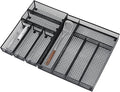 Neudeco Drawer Organizer Set 6 Pack - 5-Compartment Silverware Organizer Tray + 5 Utensil Trays, Kitchen Drawer Organizer for Flatware, Cutlery, Office Supplies, Black Mesh, Non-Slip.