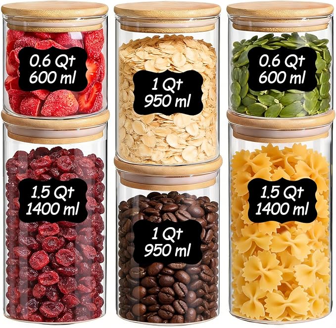 ComSaf Glass Storage Containers with Lids (0.6qt/1qt/1.5qt) Set of 6,Glass Pantry Storage Containers with Airtight Lid & lables for Dry Food, Snacks, Nuts, Stackable for Kitchen, Pantry Organization