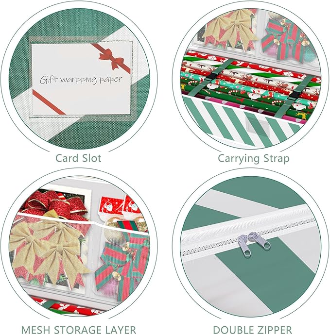 Safana Wrapping Paper Organizer Storage Bag, 42" Durable 600d Oxford Wrapping Organizer Box Under Bed Storage Containers for Decorations Paper Rolls, Ribbons, Balls, Bows (Green Stripe)