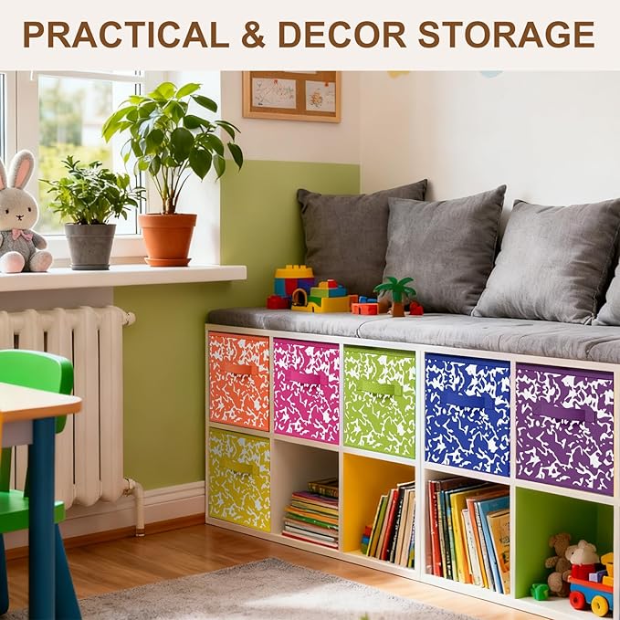 LemonRoad 6 Fabric Storage Cubes 11 Inch Foldable Marble Storage Bins for Organizing Pantry, Toy Box, Clothes Closet Collapsible Baskets for School Organizing with Handle(Rainbow Color, Classic Style)