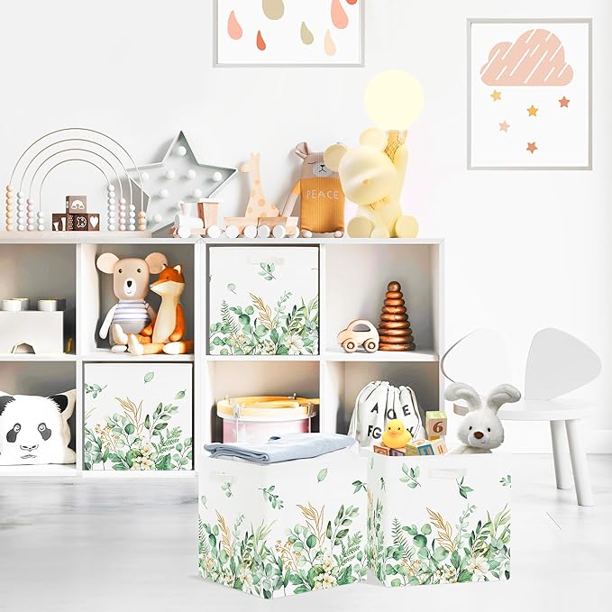 Clastyle 3 pcs Leaf Women Cube Storage Unit Boxes Foldable Kallax Box for Shelves Ladies Girls Storage Baskets for Book Clothes Toy Organizer, Green, 11.8x11.8x11.8 in