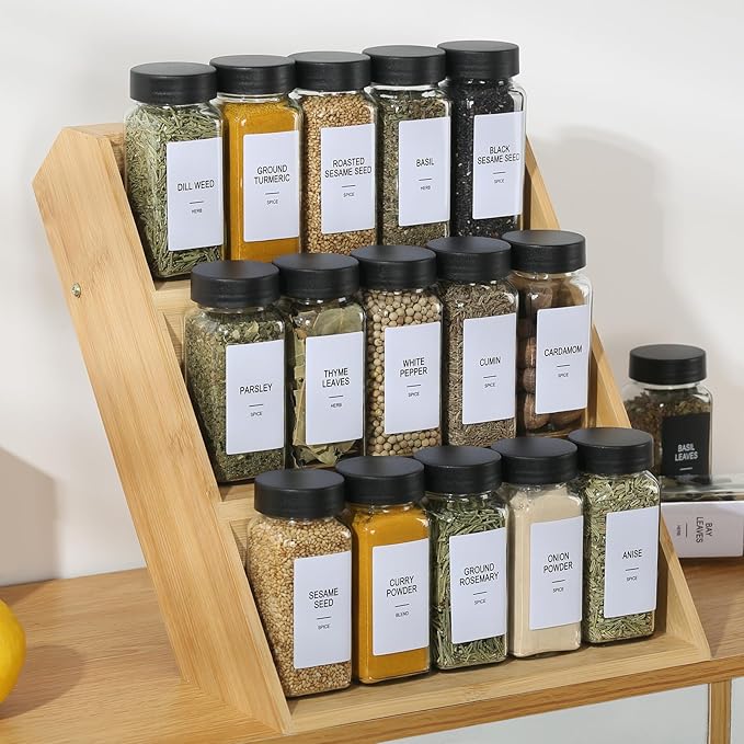 48 Glass Spice Jars with Labels,Spice Jar Set,4oz Seasoning Containers,Spice Containers with Black Airtight Lids and Shaker Lids,Square Empty Spice Bottles, 492 Labels,1 Funnel