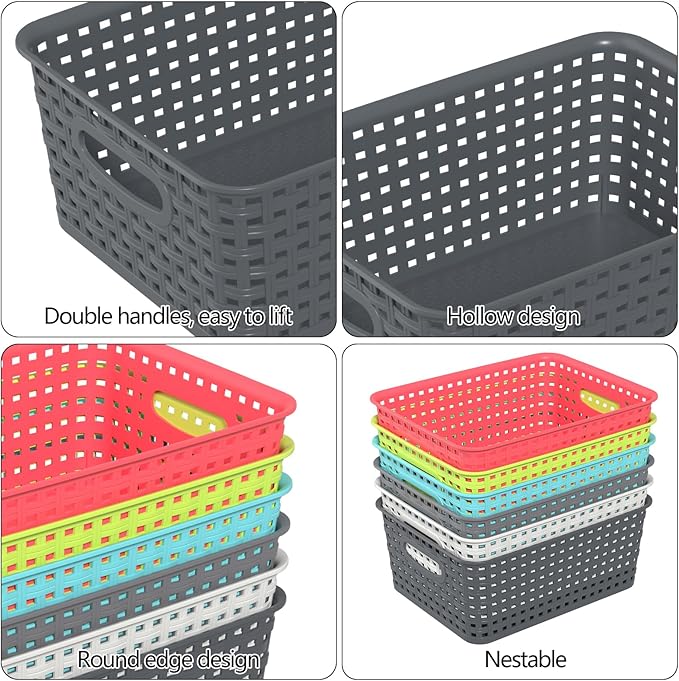 Colour Pantry Organizer Basket, Plastic Woven Storage Baskets, 6 Packs