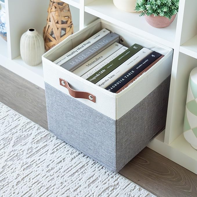 OrganiHaus 11" x 11" x 11" Fabric Cube Storage Bins Set of 4, Foldable Collapsible Canvas Storage Bins for Organizer, 11 inch Cubbies Organizer for Kallax, Linen Cube Shelf Baskets - Grey/White