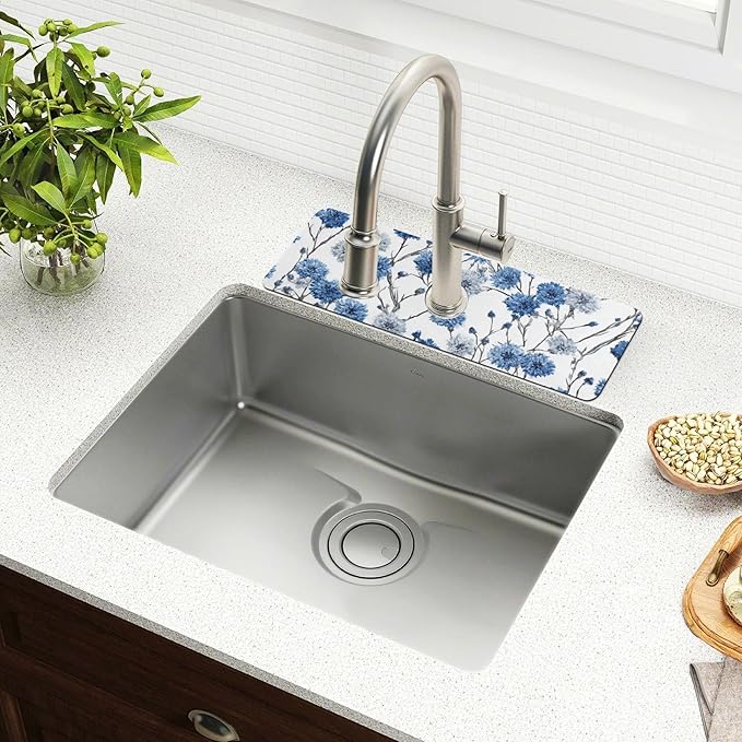 Kitchen Sink Splash Guard 1 PC 14.7 Inch Sink Faucet Mat Splash Guard for Bathroom Countertop Water Absorbent Foldable Cuttable Soft Washable Chinese Style Cornflower