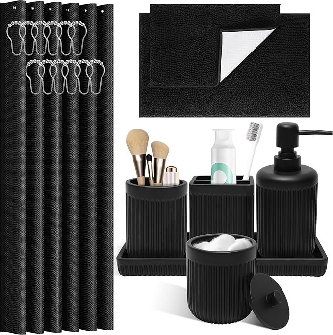 Matte Black Bathroom Sets with Shower Curtain and Rugs, 8-Piece Resin Bathroom Accessories Sets Complete, Soap Dispenser, Toothbrush Holder, Tumbler, Tray & Apothecary Jars Bathroom Essentials