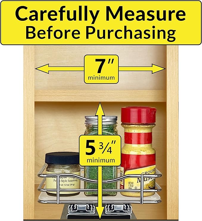 LYNK PROFESSIONAL® Pull Out Spice Rack Organizer for Inside Kitchen Cabinets - 6-3/8 inch Wide - Slide Out Drawer – Chrome Sliding Spice Organization for cabinet - Spice Racks - 1 Tier