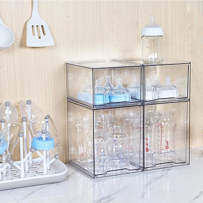 Vtopmart 7.6" H Clear Stackable Storage Drawers, 4 Pack Plastic Organizers Bins for Skincare, Cosmetics,Beauty Supplies,Ideal for Vanity, Bathroom,Kitchen Countertop,Cabinet Organization