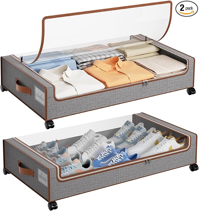 Yecaye Under Bed Storage with Wheels, 2 Pack Under the Bed Storage Containers with Lids & Label, XXL 60L Rolling Underbed Storage Drawers for Clothes, Blankets, Shoes