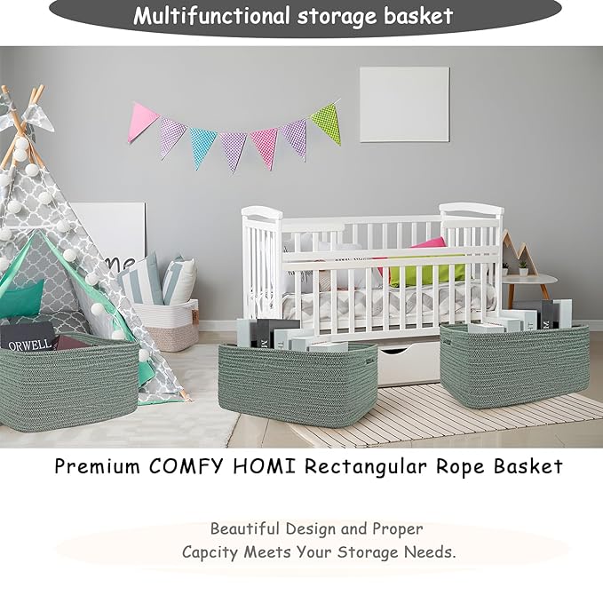COMFY-HOMI 3 pcs Large Storage Baskets for Shelves, Laundry Basket, Woven Rope Basket, Closet Organizer Bins for Clothes Blanket Towels, Baby Nursery, Gift Toy Baskets, 17” x 13” x 7.5”-Green