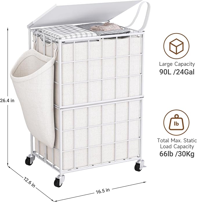 90L Laundry Basket with Wheels, Large Capacity Laundry Hamper with Removable Liner Bags, Heavy Duty Laundry Sorter with Solid Wood Lid & Leather Handles (White) TLH001W01