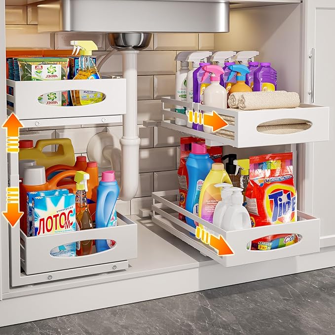Under Sink Organizer, 2 Tier Under Sink Organizers and Storage, Adjustable Height, Slide out Metal Cabinet Organizers, Pull out Cabinet Storage Drawer Shelf for Kitchen Bathroom White 2Pack