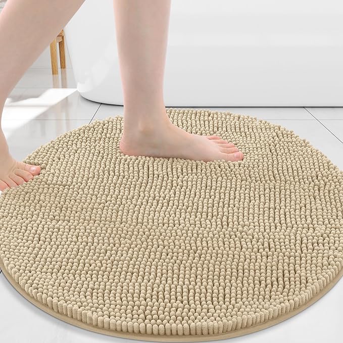 Arotive Bathroom Rugs Round 30x30, Extra Soft Absorbent Shaggy Chenille Bath Rugs, Machine Washable Rubber Backing Non-Slip Bath Mats for Bathroom Floor Tub and Shower, Home Decor Accessories, Beige