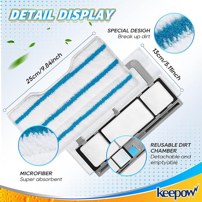 KEEPOW Reusable Mop Replacement Pads Compatible with Shark Vac Mop VM252 VM200 VC205 VM250 /QM250 VM190 VM200P12, Washable Vacuum Mop Pad Refills, Upgraded Dirt Chamber for Floor Mop (1+3+6 Pads)