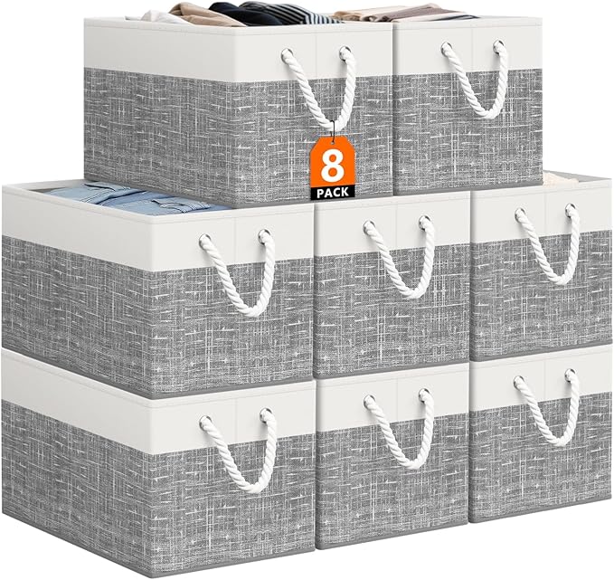 Storage Bin,Collapsible Storage Basket For Organizing,Large Storage Boxes With Rope Handles,Storage Containers,White & Grey,8 Pack