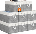 Storage Bin,Collapsible Storage Basket For Organizing,Large Storage Boxes With Rope Handles,Storage Containers,White & Grey,8 Pack