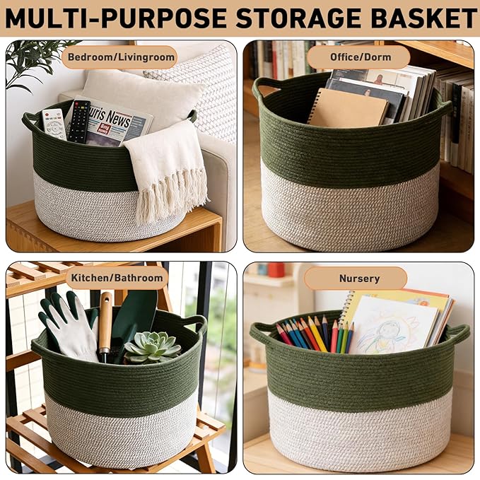 115L Large Blanket Basket,23.6" L x 23.6" W x 15.7" H Rope Woven Baskets with Handles, Toys Storage Bins,Laundry Basket Perfect for Living Room, Nursery,Bedroom,Home Organization,Green&White