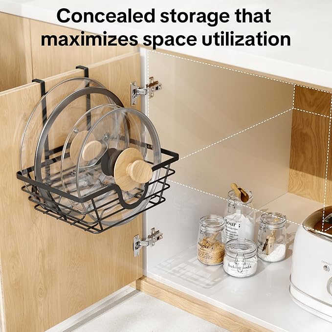 Pot Lid Organizer, Adjustable Kitchen Pot Lid Holder Inside Cabinet, Kitchen Cabinet Organizer Hanging for Food Storage Container, Pot, Pan Lid & Bakeware, Black