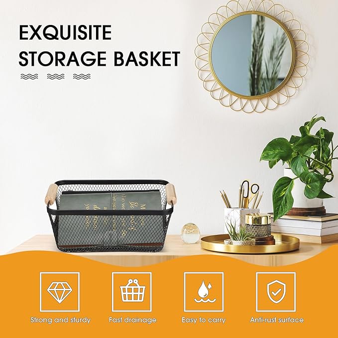 4 Pcs Metal Wire Basket with Wooden Handles Mesh Steel Storage Organizer Bin Containers for Home Organizing Cabinet Pantry Closet Kitchen Fridge Fruit Makeup Snacks Gifts(Small,Black)