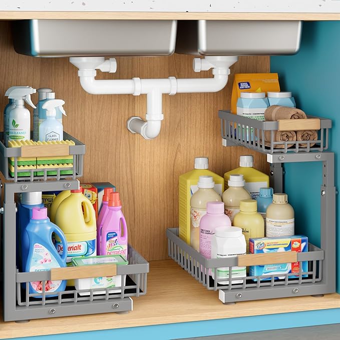 Jusdyrack Under Sink Organizer, 2 Packs 2 Tier Gray Under Sink Organizers and Storage, Slide Out Pull Out Cabinet Organizer Shelf, Metal Sliding Drawer for Kitchen Bathroom Cabinet Organization Rack