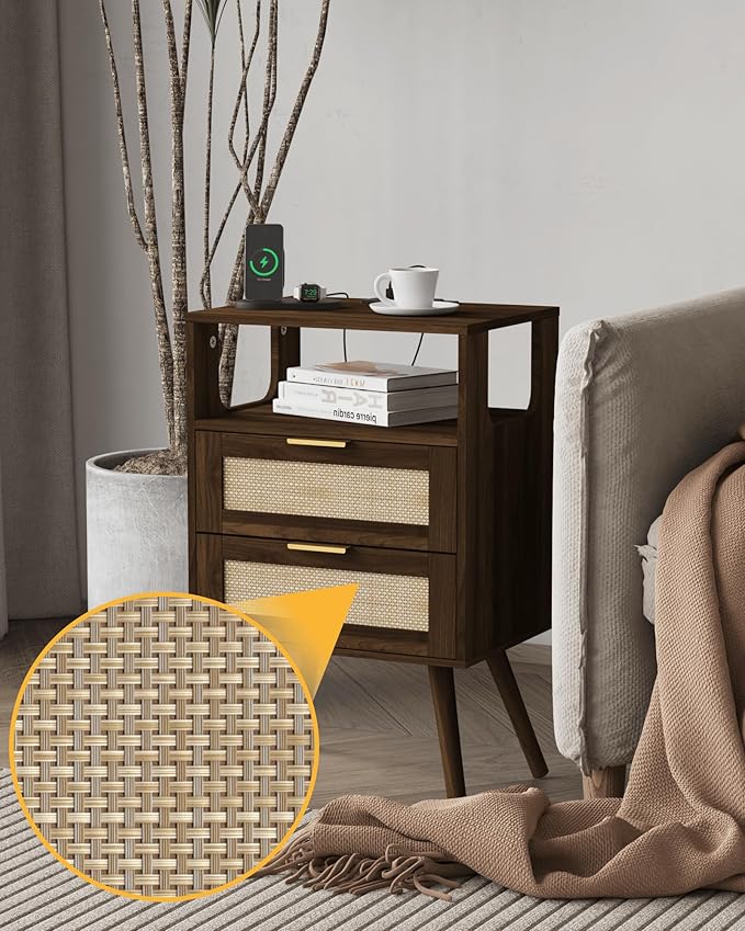 Veegle Rattan Nightstand with Charging Station,Modern Bedside Table with 2 Storage Drawer and Open Wood Shelf, for Bedroom and Small Spaces,Night Stand with Solid Wood Legs (Walnut Brown)