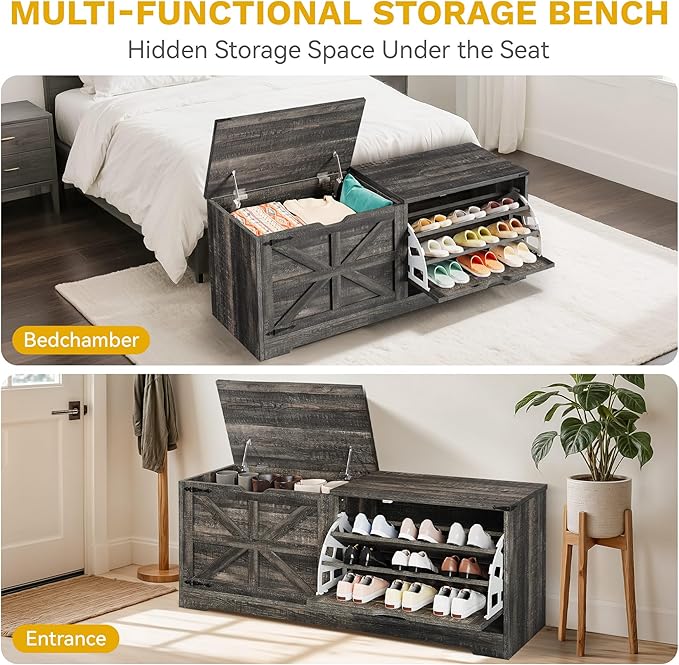 DWVO Shoe Storage Bench, 55" L Shoe Cabinet with 3 Flip Drawer & Flip-Top Storage, Farmhouse Modular Tilt-Out Organizer for Entryway, Mudroom, Bedroom