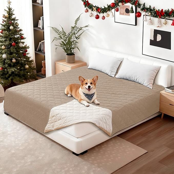 Waterproof Dog Blanket, Non-Slip Soft Pet Bed Cover, Couch Cover for Dogs Washable, Protects Sofa, Furniture, Crate, Car, Tear Resistant Leakproof Pet Blanket (52x82 Inch, Khaki)