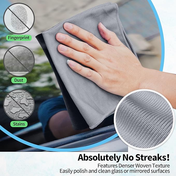 HOMERHYME Microfiber Cleaning Cloth, 12 Pack Window Glasses Cleaning Cloth, Reusable Lint-Free Streak Free Polishing Cloth Wipes for Stainless Steel, Eyeglasses, Mirrors, Screens & Lenses,12"*12" Grey