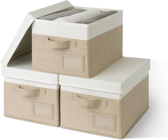 GRANNY SAYS Storage Basket with Lid, Linen Fabric Storage Bins with Label, Decorative Storage Boxes, Clothes Storage and Organization, Memory Keepsake Box, 3-Pack, Khaki&Ivory